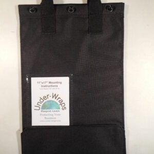 A black bag with two handles and a card.