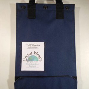 A blue bag with a handle and a label.