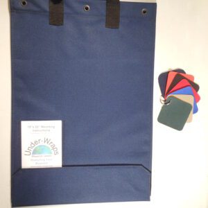 A blue bag with some cards on it