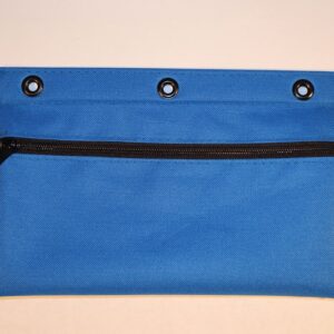 A blue bag with three holes on the front.