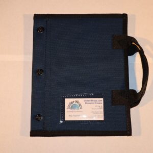 A blue book with black handles and a card.