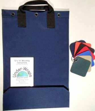 A blue bag with some papers and a black handle